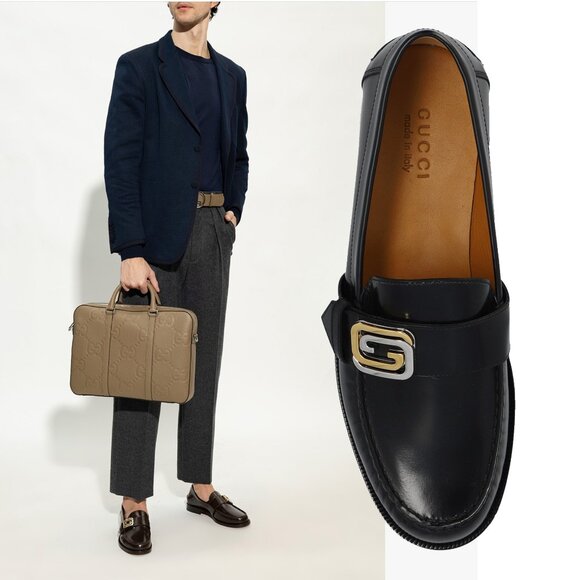 GUCCI SHOES MENS INTERLOCKING G LOGO PLAQUE LEATHER LOAFERS 9 /US 9.5 - Picture 1 of 16
